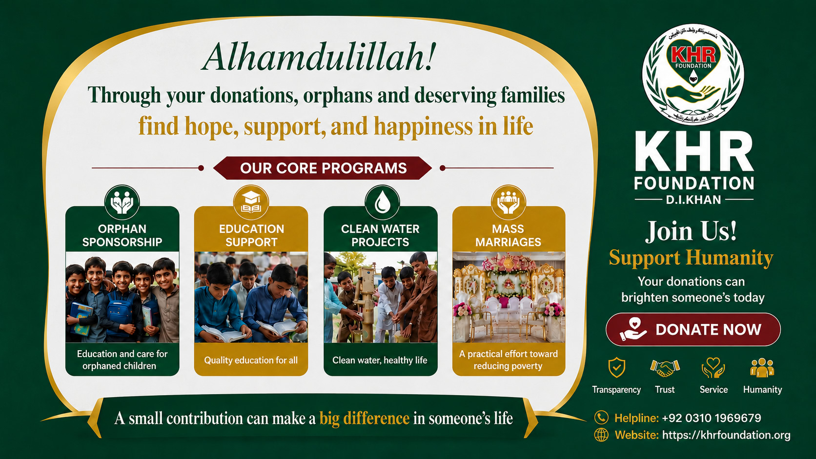 KHRF programs banner highlighting education, healthcare, food relief, and disability support